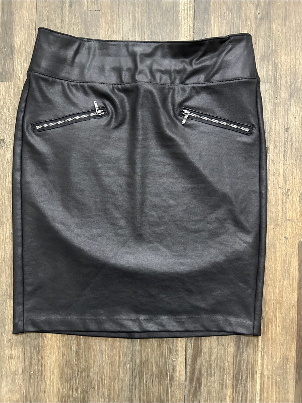 🖤 d.jeans Black Faux Leather Pencil Skirt Size 10 Zip Detail Stretch